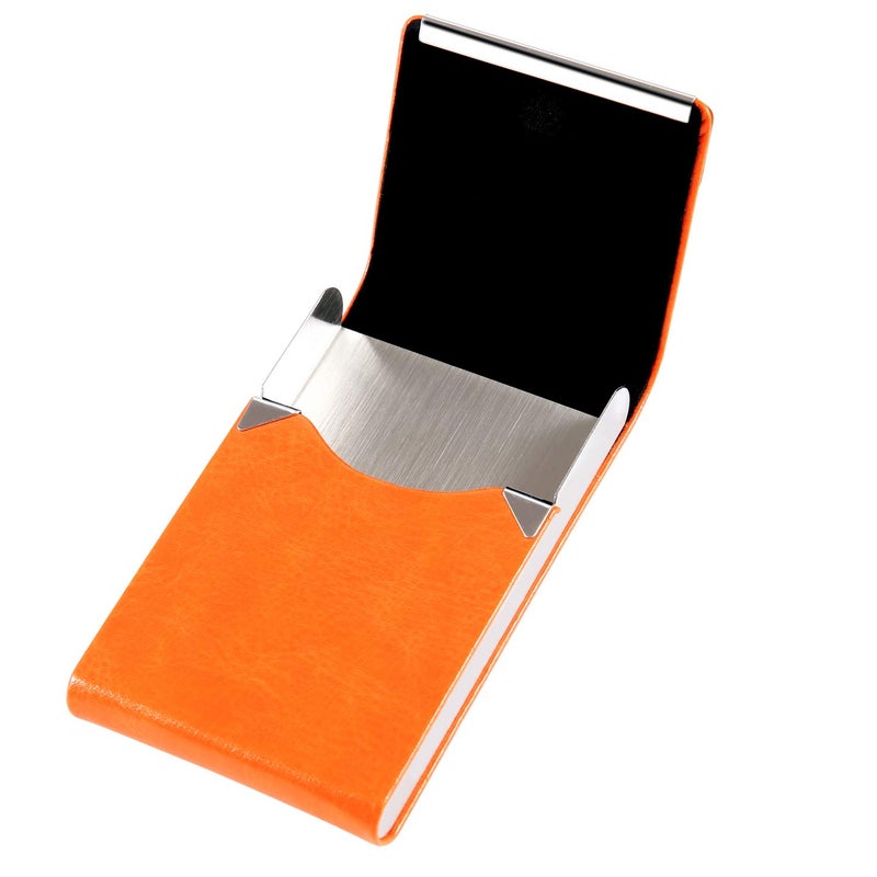 JuneLsy Business Card Holder Case - Professional PU Leather Business Card Case Metal Name Card Holder Pocket Business Card Carrier for Men & Women with Magnetic Shut (S-orange) - Image 4